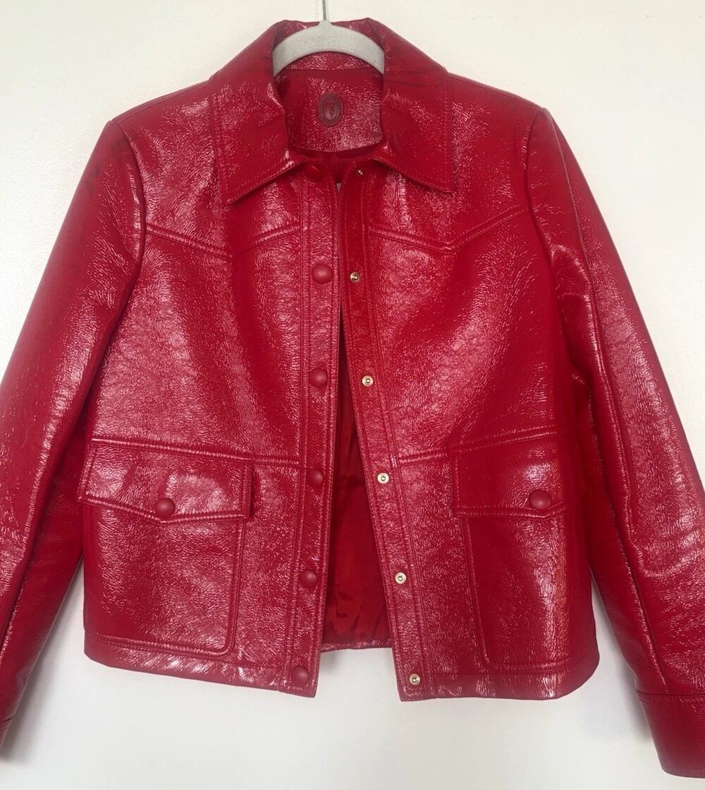 New Trussardi Women’s Red Leather Jacket Button Lined Pockets Collar S